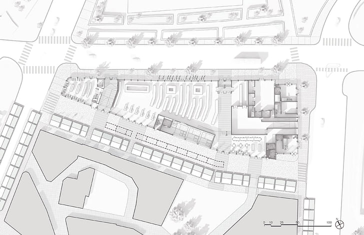 Ground level plan. A competition proposal for Parcel 9 on the Greenway in Boston’s Market District. Image via Elizabeth Christoforetti.