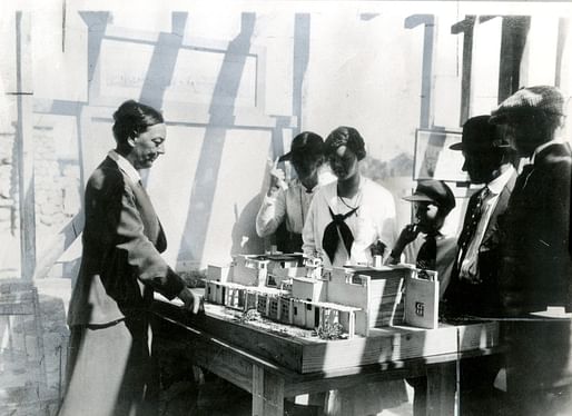 Alice Constance Austin, one of the women featured on the site, showing model of house to Llano del Rio colonists, May 1, 1917. Yale Collection of Western Americana, Beinecke Rare Book and Manuscript Library