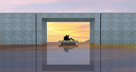 old memorial competition entry / flooded courtyard / zero depth reflecting pool with black slate pavers / on a hilltop