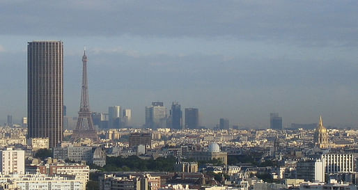 Beauty and the beast: the Eiffel Tower and the city's-most-hated-building-but-soon-to-be-très-chic Tour Montparnasse. (Photo via Wikimedia Commons)