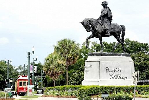 A statue of Confederate General P.G.T. Beauregard in New Orleans with "Black Lives Matter" spray-painted on its plinth. Photo: New Orleans Advocate/ELIOT KAMENITZ, via theartnewspaper.com