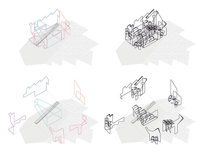 Axonometric showing assembled figural drawings in space