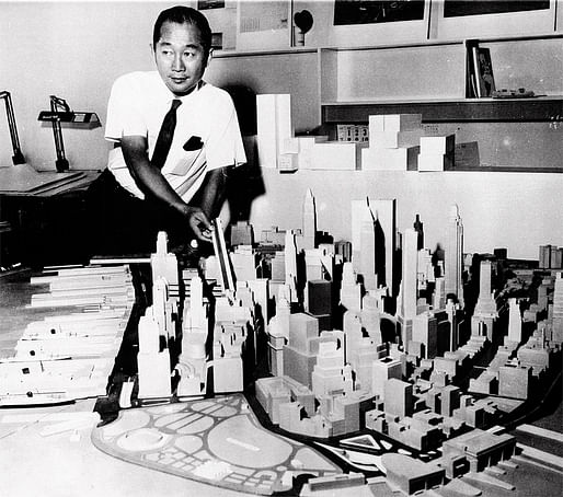 Minoru Yamasaki during the planning phase of the World Trade Center twin towers he designed. Image: Archives of Michigan.