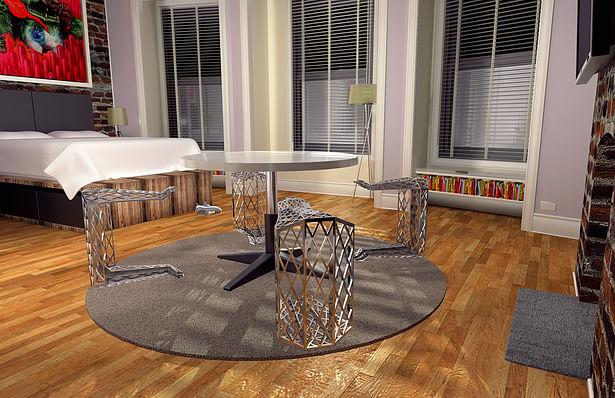 Render of furniture design set in a small apartment that served as initial context for the project. 3DS Max and Photoshop.