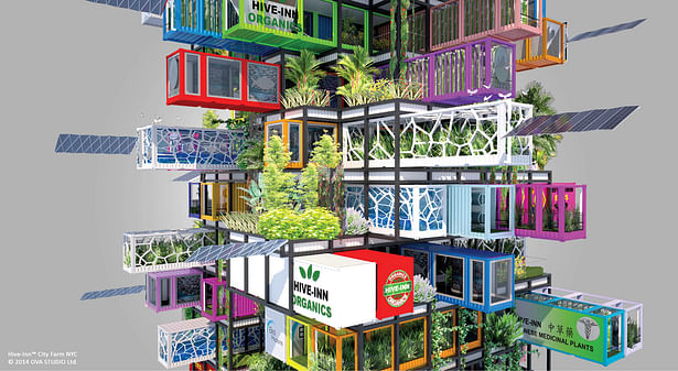 Fresh from the sky: HIVE-INN™ CITY FARM JUST LANDED IN NEW YORK. Hive-Inn™ City Farm is a modular farming structure where containers are designed and used as farming modules and acts as an ecosystem where each unit plays a role in producing food, harvesting energy and recycling waste and water.