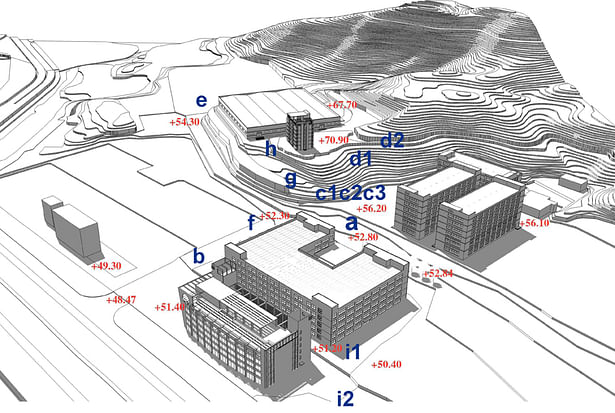 Existing site with several abandon factory buildings is at the foot of mountian.