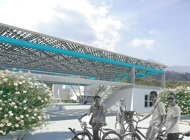 Central community space/farmers market with sustainable photovoltaics space truss and bus stop