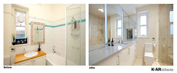 Carefully integrated cabinet and lighting behind the mirror, integrated laundry under the vanity bench and frameless shower.