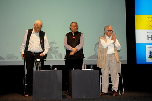 Charles Correa, Raj Rewal and Mahendra Raj. Image courtesy of Z-Axis.