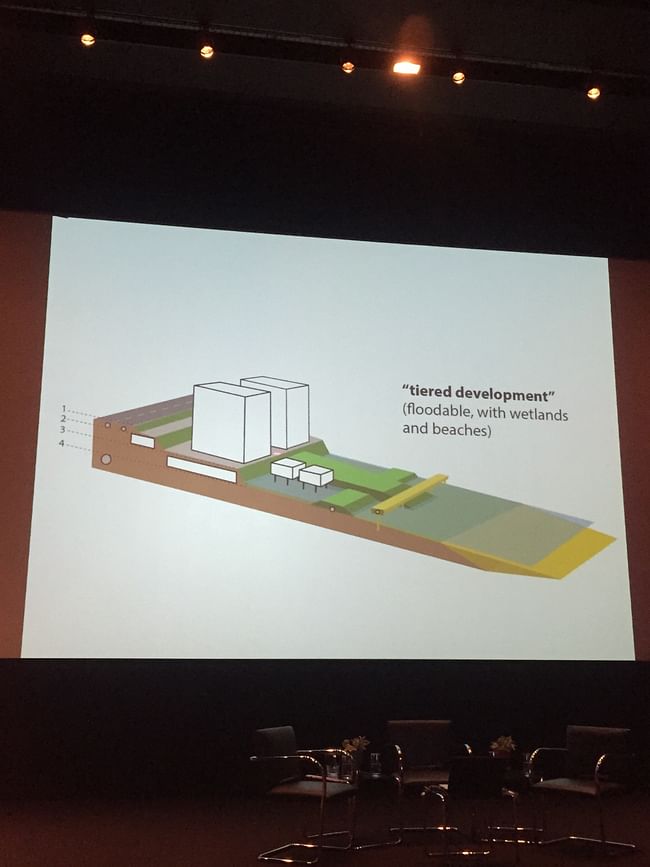 A slide presented by Prof. Hill of 'tiered development,' a flood mitigation strategy. Credit: Kristina Hill / The Next Wave