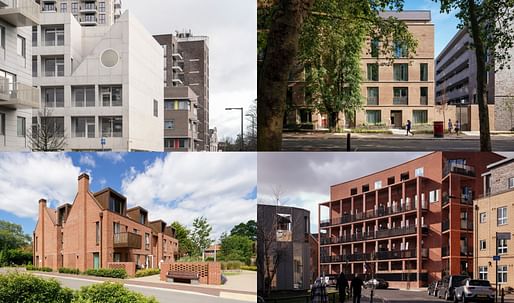2023 Naeve Brown Award for Housing shortlist: (Top L-R) A House for Artists by Apparata Architects and Agar Grove Phase 1b by Mæ (Bottom L-R) New Lodge Community by PRP Architects and Taylor & Chatto Courts and Wilmott Court, Frampton Park Estate by Henle