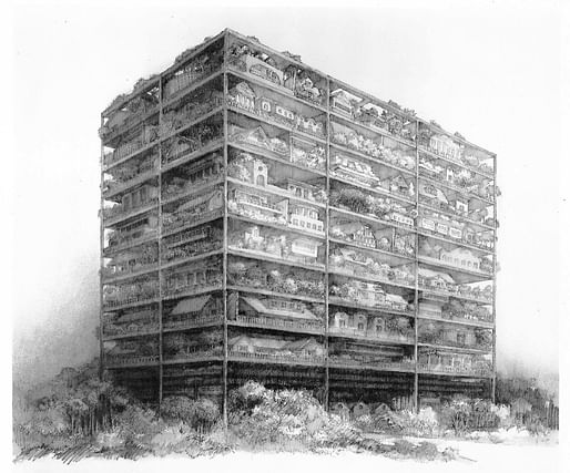 James Wines, “Highrise of Homes, project (Exterior perspective),” 1981. Ink and charcoal on paper, 22 x 24 in. The Museum of Modern Art, New York. Photo: SITE. From the 2024 grant to James Wines, Suzan Wines, and Phillip Denny for the research project “What Else Could It Mean? Writings and...