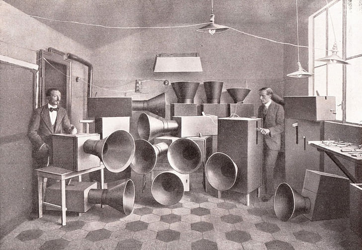 Maybe consider removing a few of those horns. Luigi Russolo and Ugo Piatti with noise machines, Milan, 1913. Image via designobserver.com