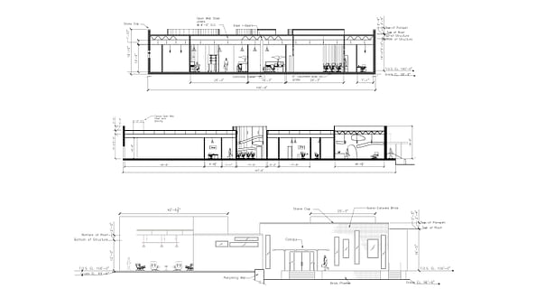 Longitudinal Sections and Front Facade Elevation