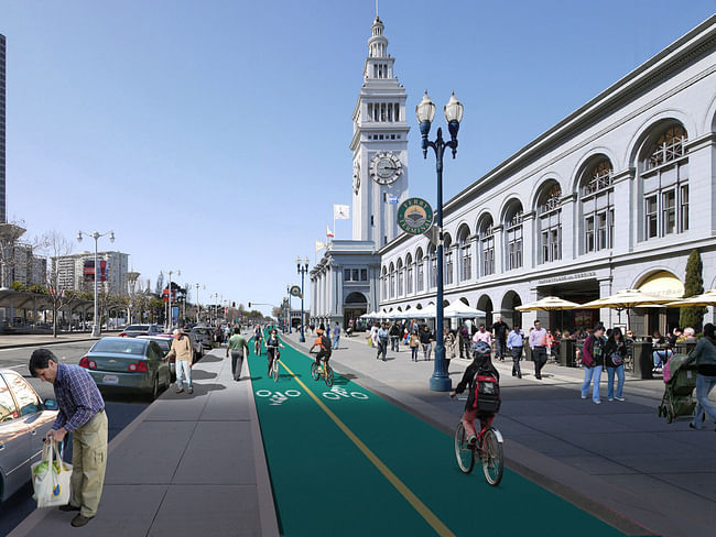 In this rendering, dedicated bike lanes are imagined in front of San Francisco's Embarcadero. Credit: SF Bicycle Coalition, via Wired