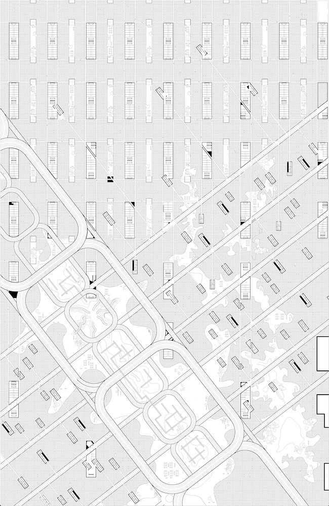 Detail of Modernist Campo: A map that assembles historical architectural visions of the city and blends different schemes to speculate on new forms of urbanism. Each landmass focuses on two schemes (such as Howard’s Garden City, Hilberseimer’s Groszstadt, or Tange’s Tokyo Bay Plan) and, in turn, couples these with its adjacent urban islands. What results is a composite of 20th century visionary architectural urbanism. Image courtesy of Alexander Eisenschmidt.