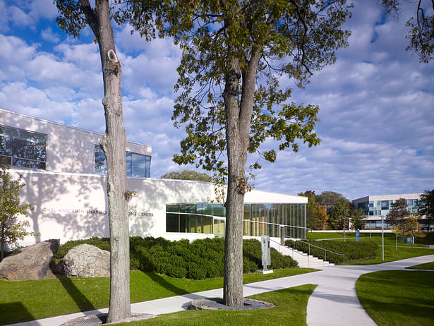 East facade with view of Campus Center to the north, demonstrating connection to surrounding buildings through views, circulation, and landscapes 