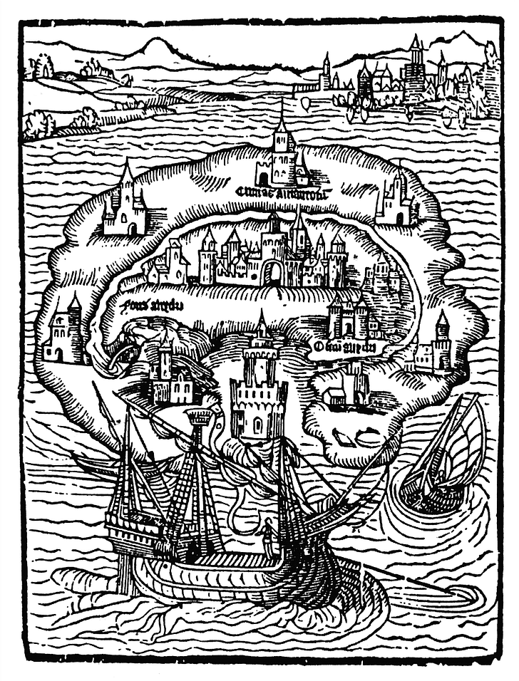 Title woodcut for Utopia written by Thomas More (1516)