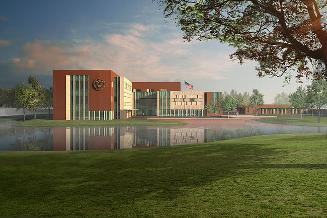 South elevation of the new U.S. Embassy in The Hague, Netherlands. Image courtesy of the Department of State OBO