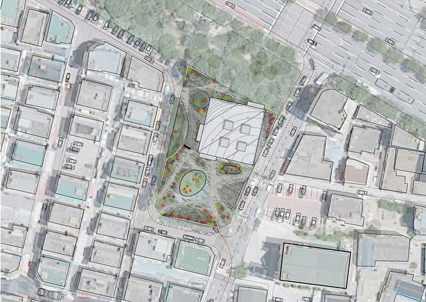 Site plan. 89,9% of public space at the ground floor
