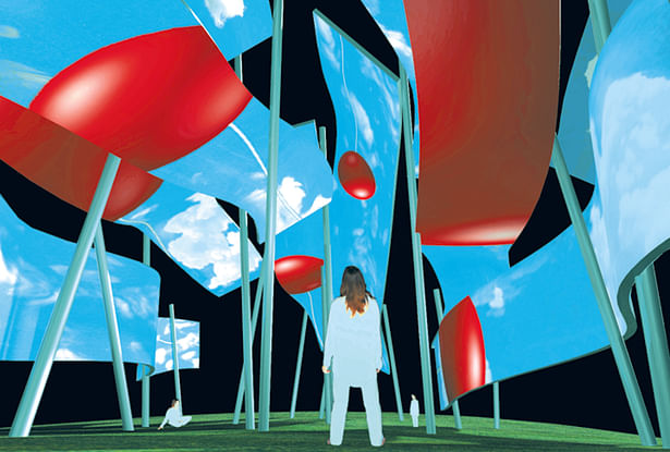 A visitor releases a ballon into the Air Pavilion where it is multiplied and enlarged.