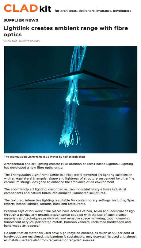 CLAD Magazine profiles Lightlink's latest Fiber Optic lighting design 