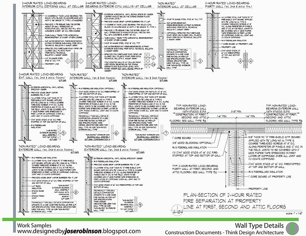 These are wall type details I created for the above semi-detached residences, including UL numbers, Energy Code minimums for r-values and Zoning guidelines for building materials in construction below the Flood Resilience Construction Elevation. 