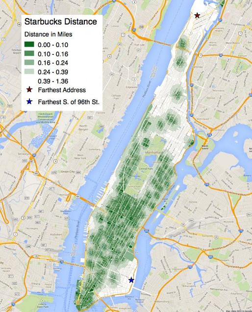 Distance to Starbucks from each lot in Manhattan, from I Quant NY.