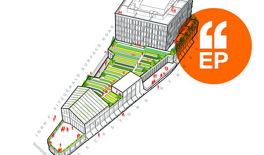 Axonometric view. A competition proposal for Parcel 9 on the Greenway in Boston’s Market District. Image via Elizabeth Christoforetti.