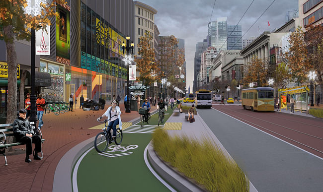 A rendering imagines happy bicyclists safely traversing San Francisco via dedicated bike paths. Credit: SF Bicycle Coalition, via Wired