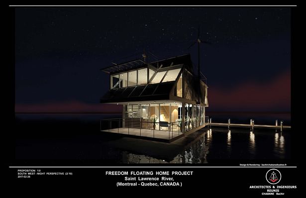 Floating House Case Study : A - 1 (Nighttime Ext. Perspective)