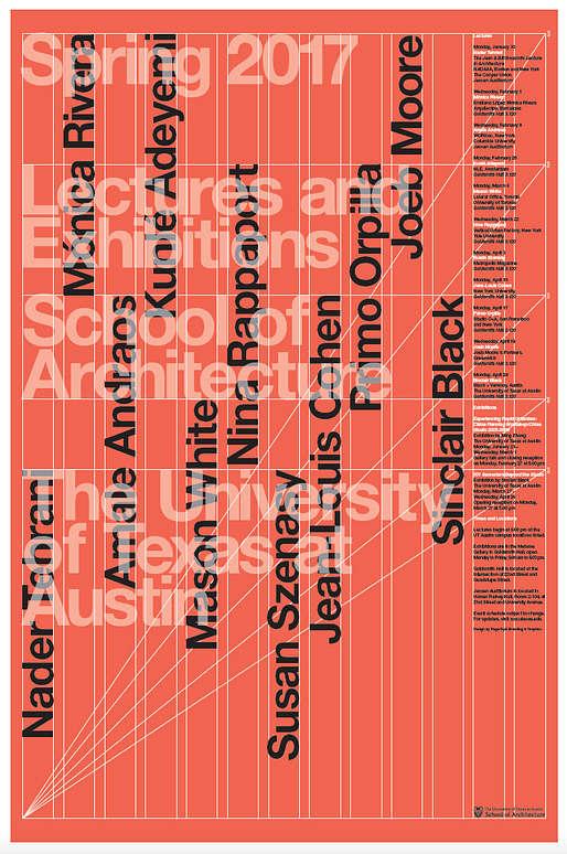 UT Austin School of Architecture Spring 2017 Lectures + Exhibitions Poster, Designed by Page/Dyal.