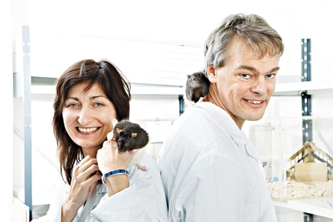 May-Britt Moser, Edvard Moser, and the rats that they use in their groundbreaking neuroscience research. Image Geir Mogan: NTNU. Not pictured- John O'Keefe, the third winner of the prize