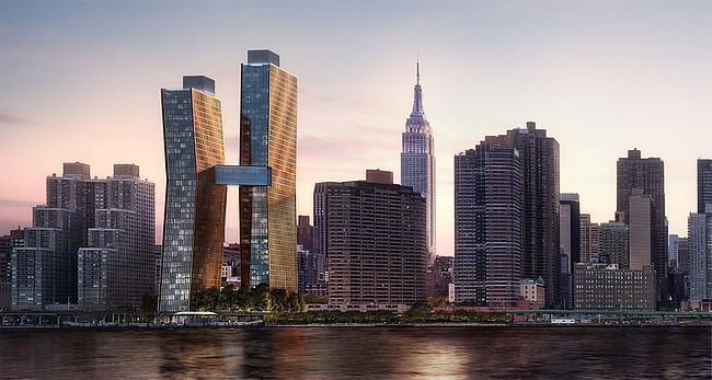 Exterior rendering of the SHoP-designed towers with the skybridge spanning the 27th to 29th floors. (Image: JDS Development; via bloomberg.com)