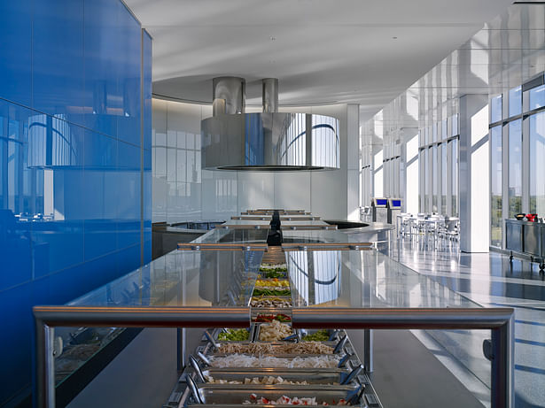 There are three food preparation areas within the restaurant. This is the center food service area; the exhaust fan becomes a mirrored sculpture.