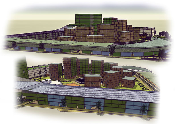 Aerial perspectives of the development; rendered in Sketchup and edited in Photoshop