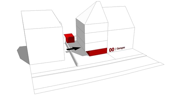 The programs itself comprises 4 different apartments, with the garage on the ground floor. The garage positioning is due to the proximity to the road, the lack of intimacy and the poor exposure to sunshine at this level. 