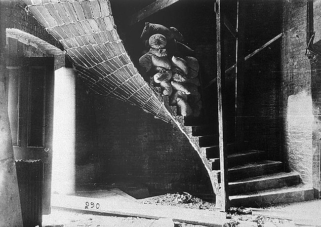 A load test on a landing of a Guastavino tile stair at the First Church of Christ Scientist demonstrates the spatial and structural complexities, as well as the strength, of the company's tile vaulting. Courtesy of Avery Architectural and Fine Arts Library, Columbia University