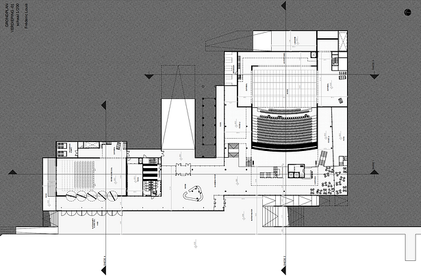 Floor plan of the lower levels with the entrance, lobby's, theater and polyvalent room.
