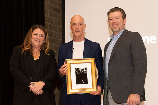 Jacques Herzog with the Center for Architecture and Design's Executive Director Rebecca Johnson and Atkin Olshin and Schade Principal Paul Avazier. Image courtesy Center for Architecture and Design.