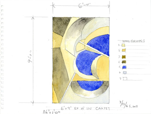 Watercolor drawing for the Ex of IN house carpet, Rhinebeck, NY 2017. Image: Courtesy of Steven Holl.