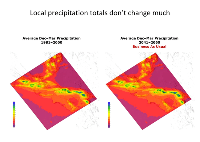 A graphic showing how global warming will not greatly affect local precipitation patterns. Credit: Next Wave / the Hammer Museum