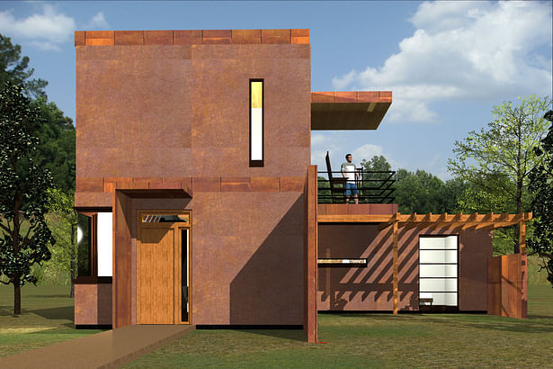 The tiny Corten Cottage, featuring Corten® steel on the exterior.