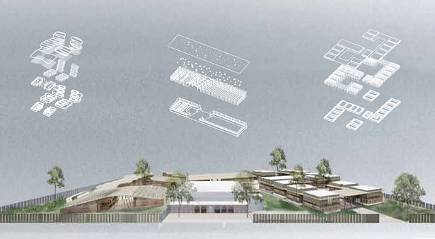 Front-view rendering of the site and diagrams