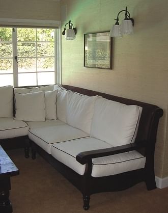 custom couch, reverses to brown with white for winter months, seagrass wallpaper