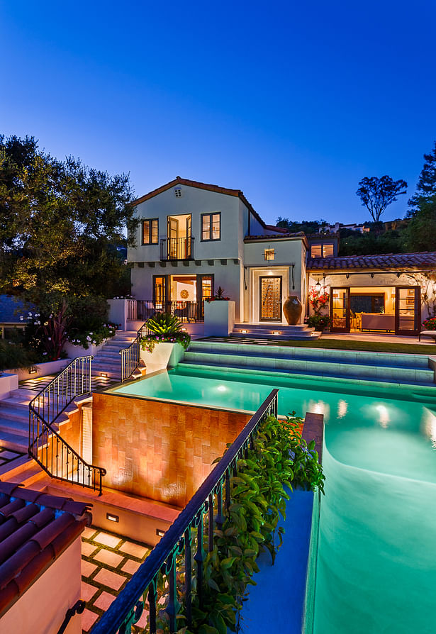 quaint hillside retreat | stunning view property. infinity edge swimming pool design + waterfall fountain. hand crafted iron details | classic santa barbara style. 3388 sf