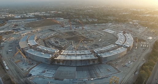 Screenshot of Duncan Sinfield's drone footage showing the current status of the Apple 'spaceship' campus. Image via YouTube.