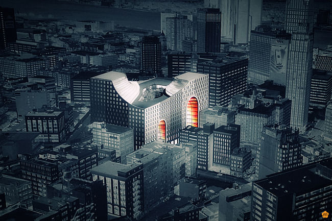Rendering of 'The Grand Opening' proposal for the Redesigning Detroit: A New Vision for an Iconic Site competition