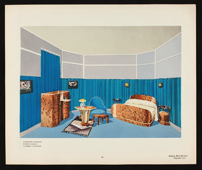 A bedroom designed c. 1919 by Pierre Chareau, and published as a pochoir print in 1925, 8 13/16 x 10 x 11/16 in. Private Collection. Photo: John Blazejewski, Marquand Library, Princeton University