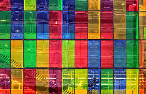 Detail of the colorful Palais des congrès facade in Montreal. Photo: Gabriel Caparó/<a href="https://www.flickr.com/photos/138047837@N02/24716533152/">Flickr</a>.